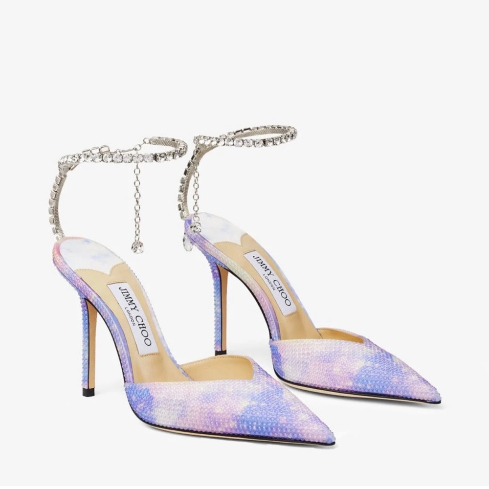 Jimmy choo Saeda 100 Unicorn Printed Satin Pumps with Crystal Embellishment
